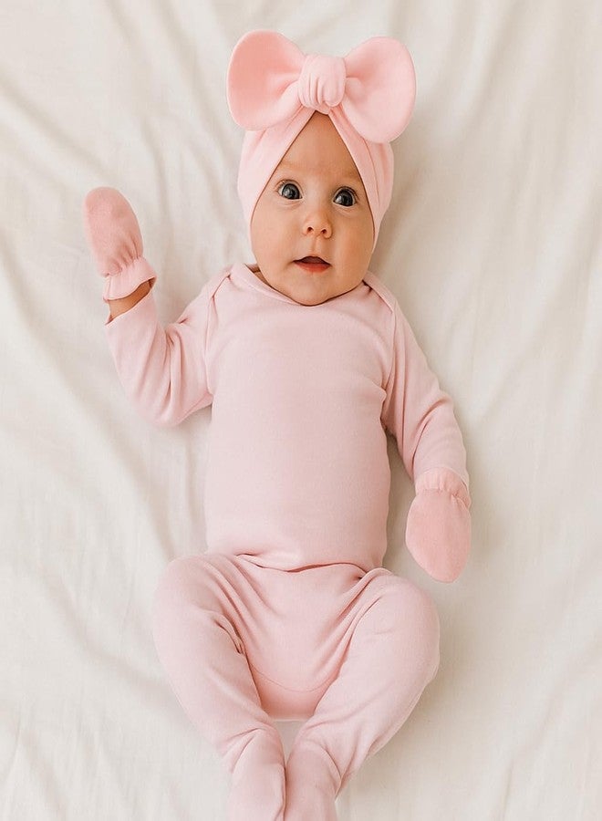 LIDHAY 4PCS Newborn Baby Hospital Hats Beanie Bow Infant Caps Cotton Preemie Hats No Scratch Mittens Set for 0-1 Years Old, Set 02, One Size - Image 4