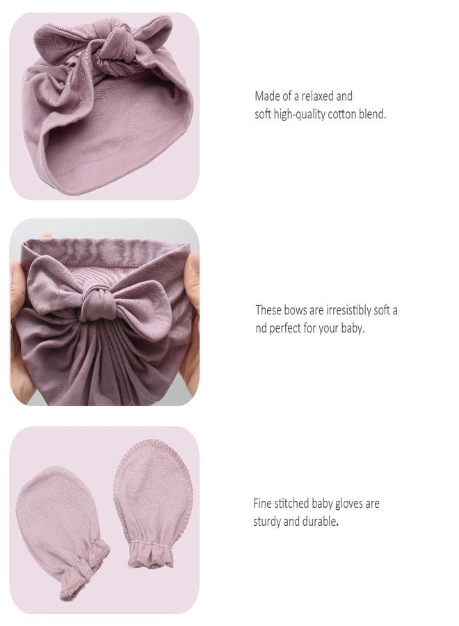 LIDHAY 4PCS Newborn Baby Hospital Hats Beanie Bow Infant Caps Cotton Preemie Hats No Scratch Mittens Set for 0-1 Years Old, Set 02, One Size - Image 2