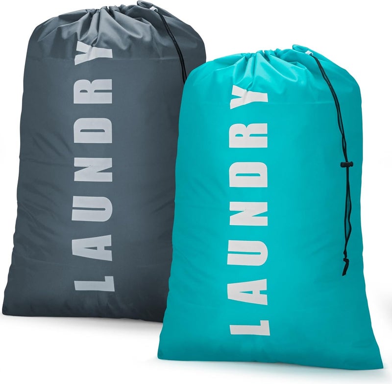 Isink Travel Laundry Bag, 2 Pack Large Bags for Dirty Clothes, Camp, 24" x 36" (Cyan + Gray) - Image 1