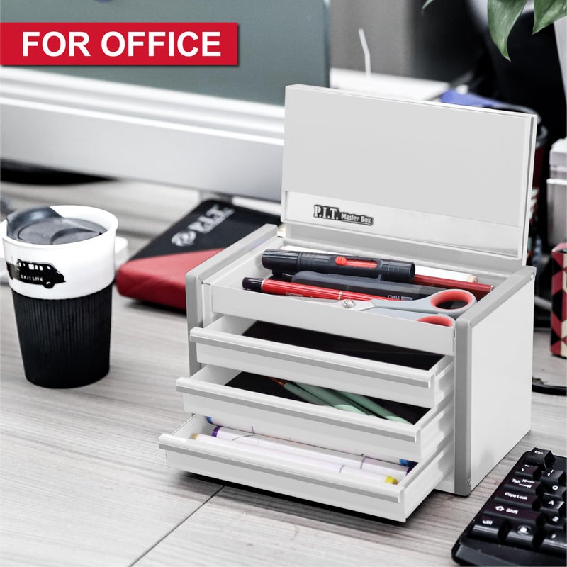 PIT P.I.T. Mini White Tool Box  Portable 3 Drawer Steel Stackable Tool Box With Magnetic Tab Locking  White Micro Top Chest With Liner For Tools Storage And Organizers  Home Diy - Image 3