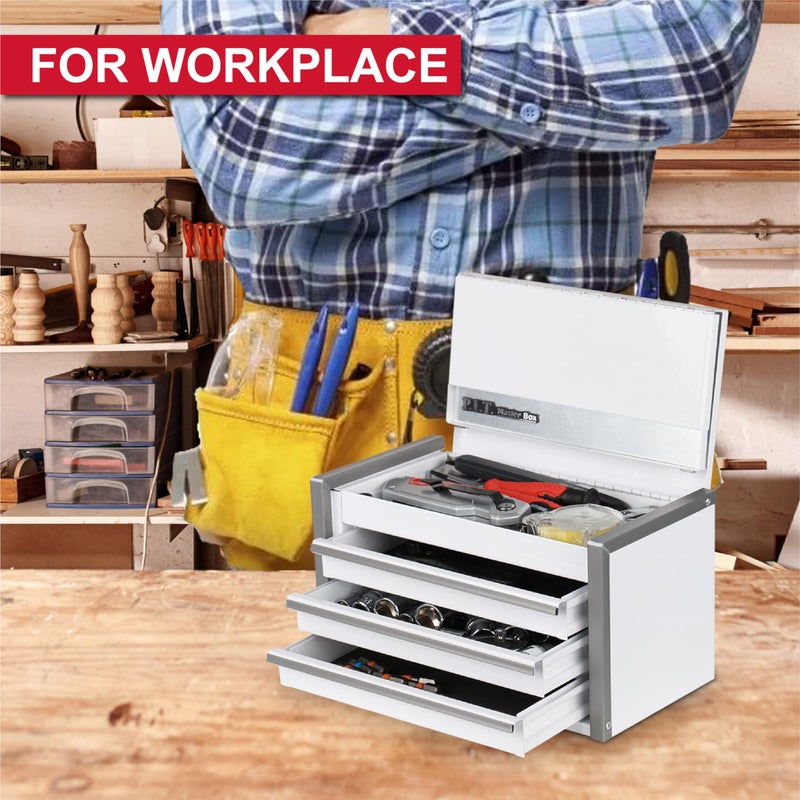 PIT P.I.T. Mini White Tool Box  Portable 3 Drawer Steel Stackable Tool Box With Magnetic Tab Locking  White Micro Top Chest With Liner For Tools Storage And Organizers  Home Diy - Image 5