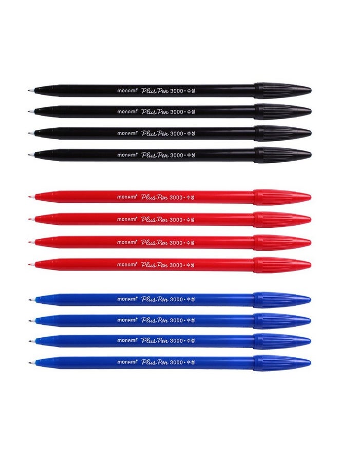 مونامي قلم Plus 3000 Office Sign Pen ذو طرف لباد حبر مائي ملون، علبة كاملة باللونين الأحمر والأزرق والأسود، مكونة من اثني عشر قلمًا  - Image 1