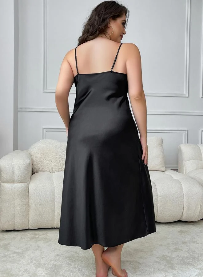 Take Two Women's Plus Size Swing Neck Side Slit Cut With Lace Patch Slip Nightdress