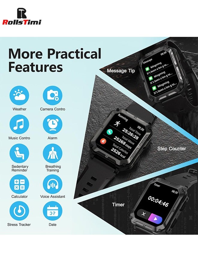 RollsTimi  - Military Smart Watch for Men, Bluetooth Rugged Smart Watch, Bluetooth Call, AI Voice Assistant with HR Monitor (Black) - Image 1