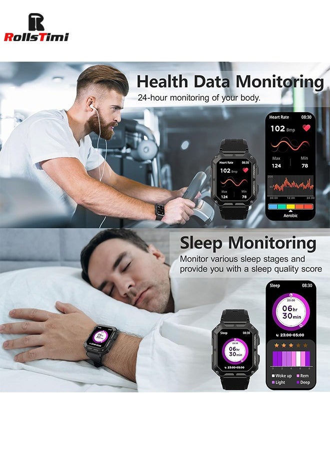 RollsTimi  - Military Smart Watch for Men, Bluetooth Rugged Smart Watch, Bluetooth Call, AI Voice Assistant with HR Monitor (Black) - Image 1