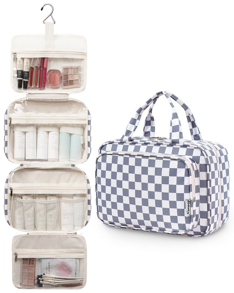 Narwey Travel Toiletry Bag for Women Large Hanging Makeup Bag Organizer Toiletries Bag for Full Size Essentials Accessories Cosmetics (Grayish Blue Checkerboard (Large)) - Image 4