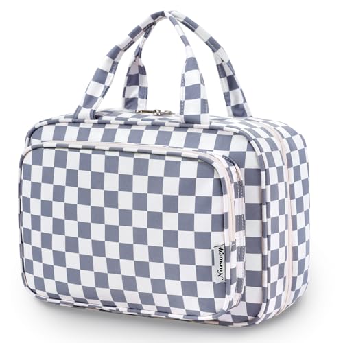 Narwey Travel Toiletry Bag for Women Large Hanging Makeup Bag Organizer Toiletries Bag for Full Size Essentials Accessories Cosmetics (Grayish Blue Checkerboard (Large)) - Image 1