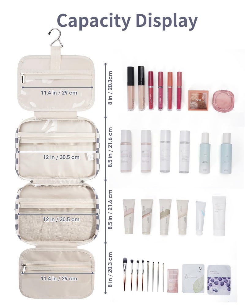 Narwey Travel Toiletry Bag for Women Large Hanging Makeup Bag Organizer Toiletries Bag for Full Size Essentials Accessories Cosmetics (Grayish Blue Checkerboard (Large)) - Image 5