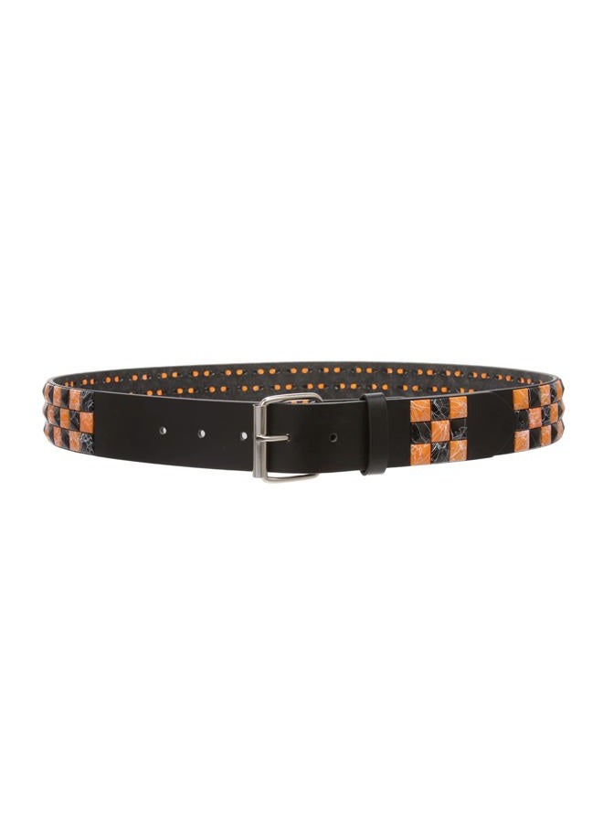 Beltiscool Snap On 1 1/2"-38mm Checkerboard Punk Rock Studded Belt, Orange/Black | l 36"-38" - Image 3
