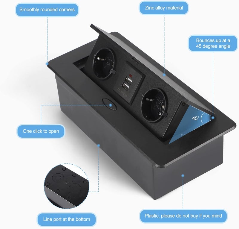 CPROSP USB Table Socket, Multienchufe Retractable Black Table Recessed Strip 2 Sockets 2 USB Socket - Image 3