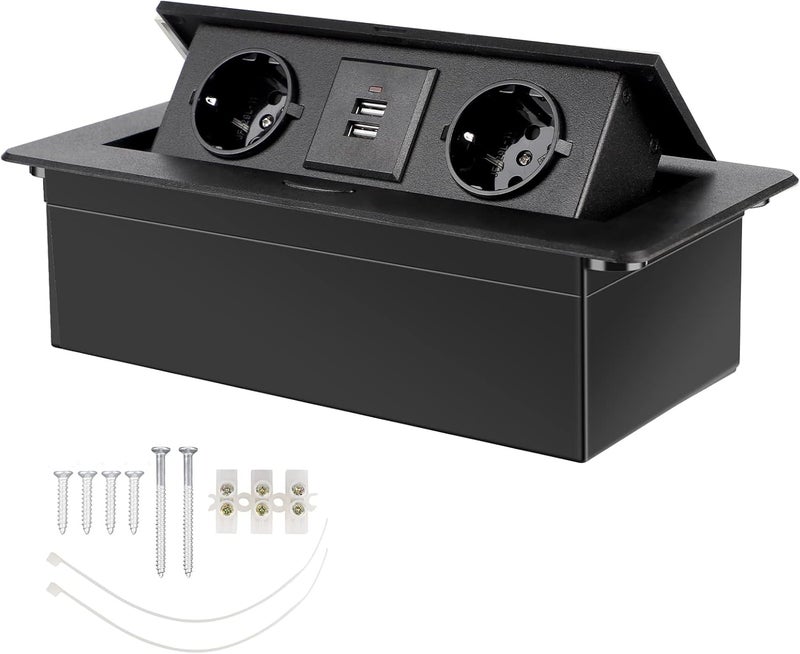 CPROSP USB Table Socket, Multienchufe Retractable Black Table Recessed Strip 2 Sockets 2 USB Socket - Image 1