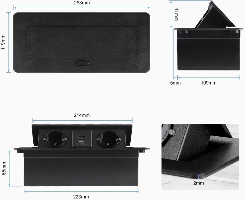 CPROSP USB Table Socket, Multienchufe Retractable Black Table Recessed Strip 2 Sockets 2 USB Socket - Image 2