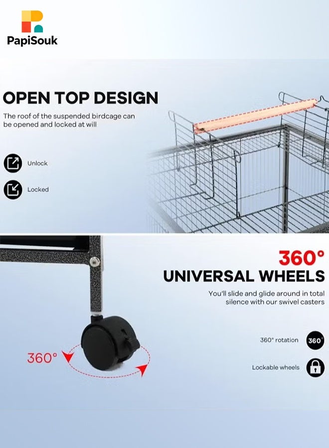 PapiSouk 35-inch Wrought Iron Flight Bird Cage for Cockatiels Parakeets Pigeons Parrot Lovebird with Rolling Stand Bird Playground - Image 3