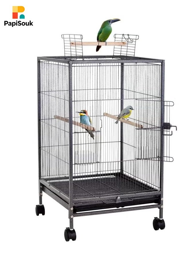PapiSouk 35-inch Wrought Iron Flight Bird Cage for Cockatiels Parakeets Pigeons Parrot Lovebird with Rolling Stand Bird Playground - Image 1