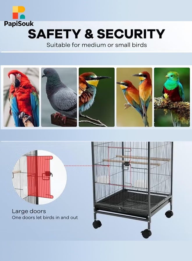 PapiSouk 35-inch Wrought Iron Flight Bird Cage for Cockatiels Parakeets Pigeons Parrot Lovebird with Rolling Stand Bird Playground - Image 5