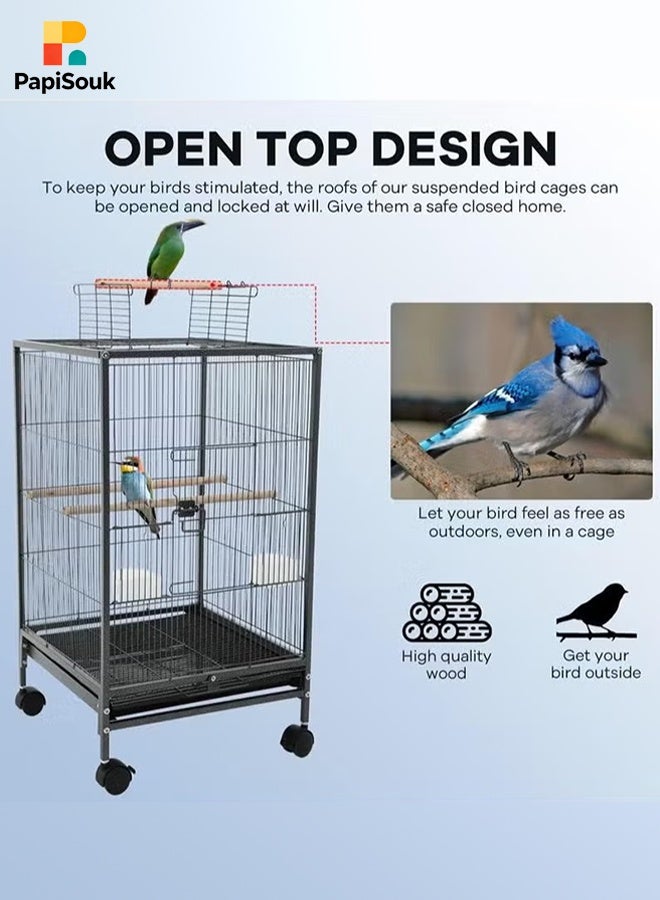 PapiSouk 35-inch Wrought Iron Flight Bird Cage for Cockatiels Parakeets Pigeons Parrot Lovebird with Rolling Stand Bird Playground - Image 2