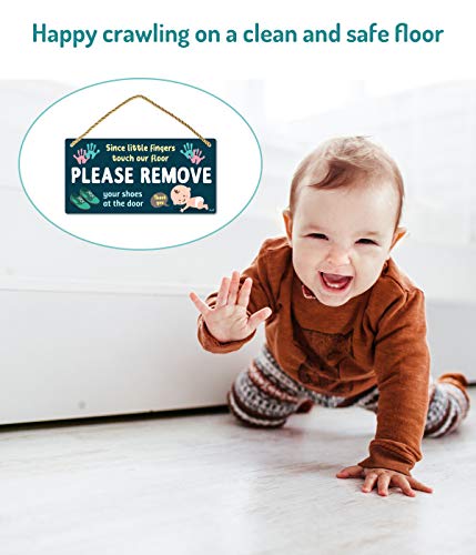 Fun-Plus Please Take Your Shoes Off - Remove Your Shoes Sign - 10″x5″ PVC Plastic Hanging Sign- Since Little Fingers Touch Our Floor - Image 5
