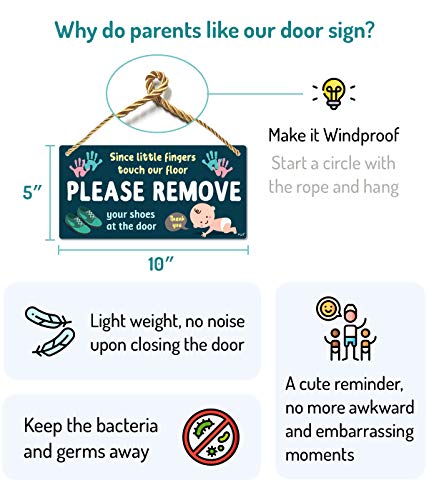 Fun-Plus Please Take Your Shoes Off - Remove Your Shoes Sign - 10″x5″ PVC Plastic Hanging Sign- Since Little Fingers Touch Our Floor - Image 2