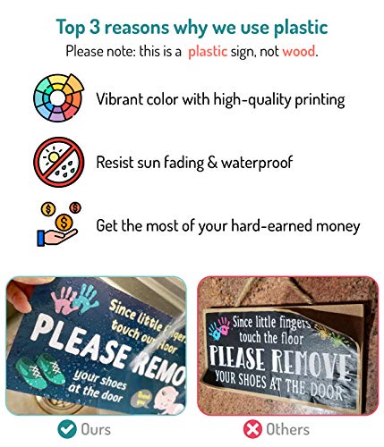 Fun-Plus Please Take Your Shoes Off - Remove Your Shoes Sign - 10″x5″ PVC Plastic Hanging Sign- Since Little Fingers Touch Our Floor - Image 3