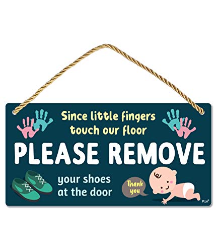 Fun-Plus Please Take Your Shoes Off - Remove Your Shoes Sign - 10″x5″ PVC Plastic Hanging Sign- Since Little Fingers Touch Our Floor - Image 1