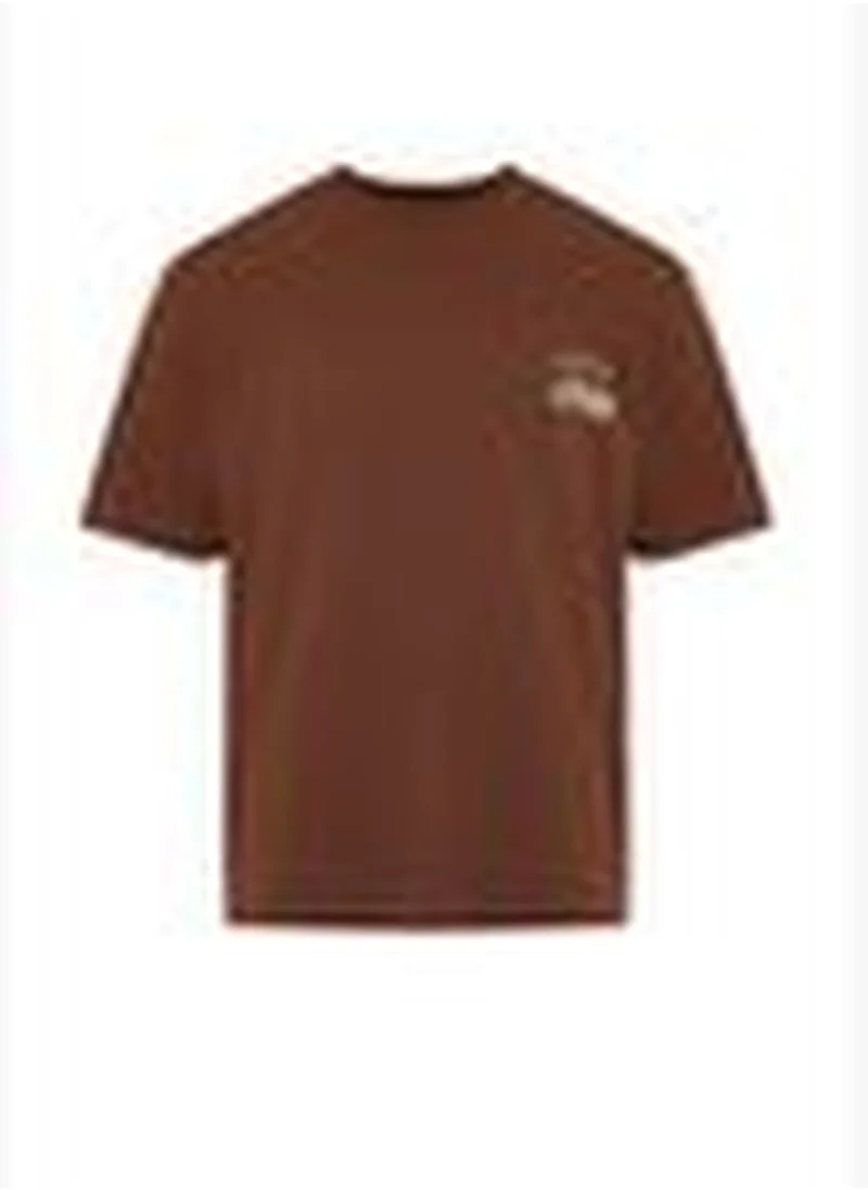 trendyol Brown Men's Oversize Mushroom Embroidered 100% Cotton T-Shirt