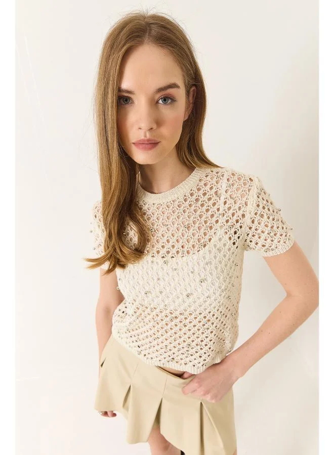Ginger Crew Neck Crochet Openwork Top