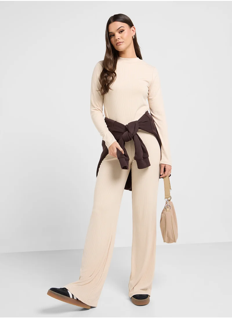 جينجر Ribbed Jersey Fitted Top & Flared Pant Set