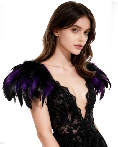 L'VOW Natural Real Feather Epaulet Shrug Shoulder Strap Halloween Costumes Pack of 2 (Purple) - Image 1