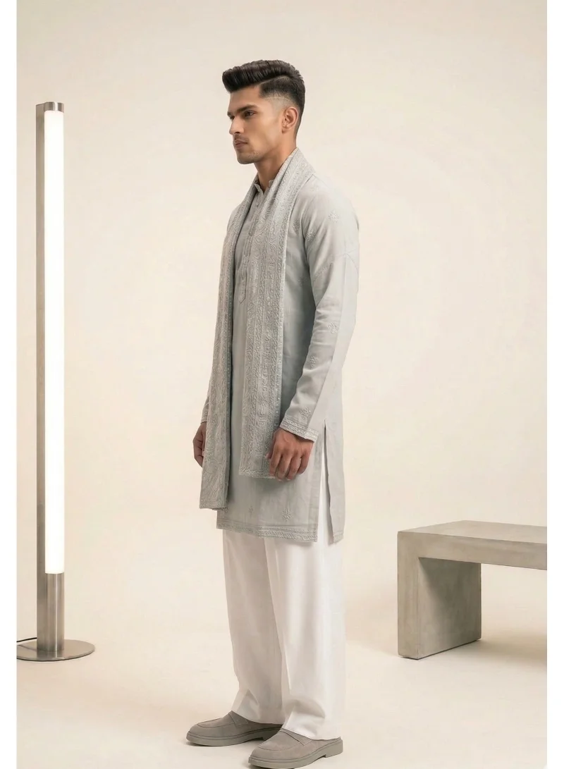 Lehar Premium Embroidered Pastel Gray Kurta Set with Stole