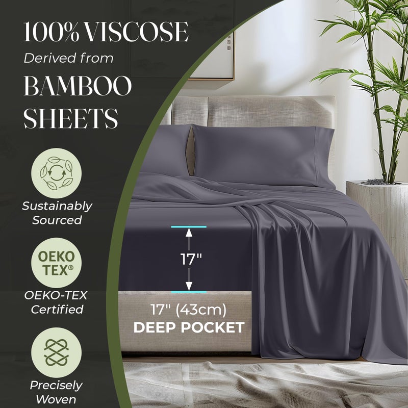 DECOLURE 100% Organic Viscose Derived from Bamboo Sheets Full Size 6pcs - Ultra Soft & Luxuriously Cooling  17"" Deep Pocket  Double Stitching  Perfect for Hot Sleepers - Full Bed Sheets (Grey) - Image 4