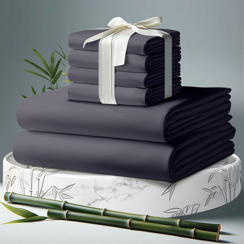 DECOLURE 100% Organic Viscose Derived from Bamboo Sheets Full Size 6pcs - Ultra Soft & Luxuriously Cooling  17"" Deep Pocket  Double Stitching  Perfect for Hot Sleepers - Full Bed Sheets (Grey) - Image 1