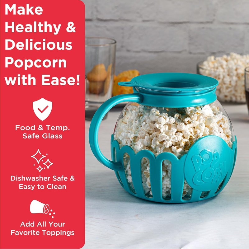 Ecolution Patented Micro-Pop Microwave Popcorn Popper with Temperature Safe Glass, 3-in-1 Lid Measures Kernels and Melts Butter, Made Without BPA, Dishwasher Safe, 3-Quart, Teal - Image 2