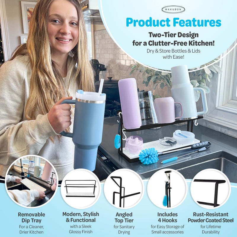 WAKUBON Bottle Drying Rack for Kitchen Countertop - Two-Tier for Water Bottles and Tumblers, Space-Saving Storage Stand with Drainage Tray, Includes Water Bottle Drying Rack Brush Cleaning Set (Black) - Image 3