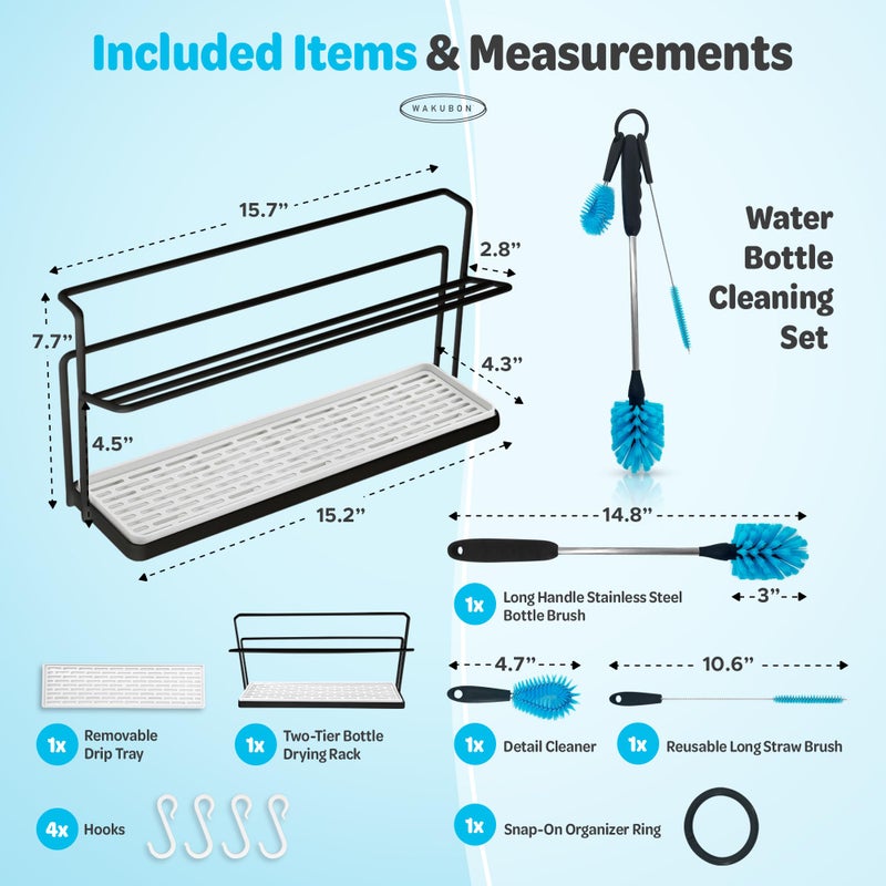 WAKUBON Bottle Drying Rack for Kitchen Countertop - Two-Tier for Water Bottles and Tumblers, Space-Saving Storage Stand with Drainage Tray, Includes Water Bottle Drying Rack Brush Cleaning Set (Black) - Image 2