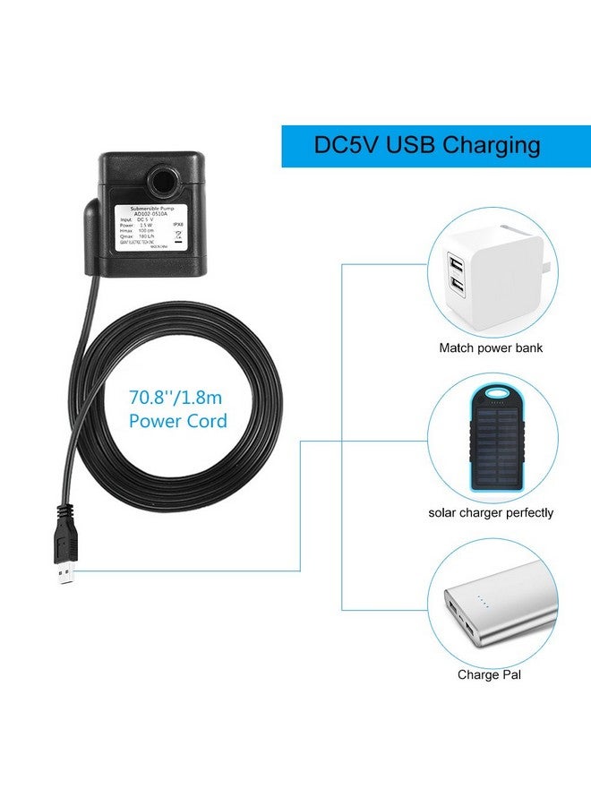 LEDGLE Mini USB Fountain Pump Compact Submersible Pumps Efficient 5V Water Pump for Small Pond, Fish Tank, Long Cord, 180L/H, Black - Image 5