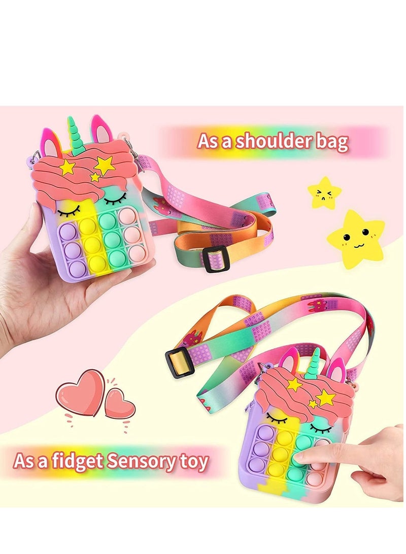 LEDIN Rainbow Pop Shoulder Bag for Girls and Women Big Pop Purse Bags Lovely Sensory Silicone Cartoon Bag Toy for Students Kids Unicorn Purse Crossbody Bag Pop Fidget Toy Purse Bags(Pack of 2) - Image 2