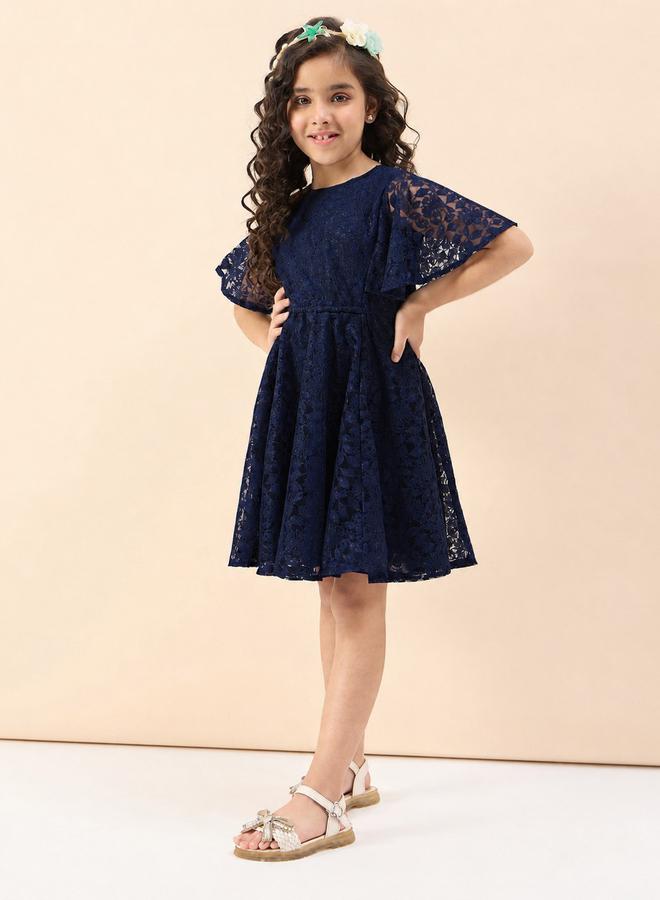 Stylo Bug Girls Solid Round Neck Half Sleeves A-Line Dress - Image 1