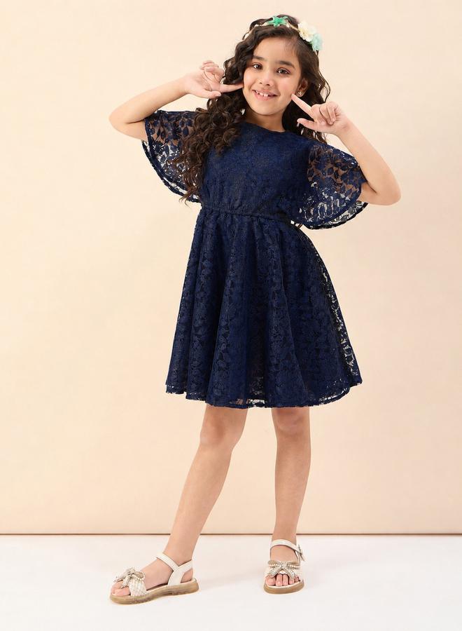 Stylo Bug Girls Solid Round Neck Half Sleeves A-Line Dress - Image 5