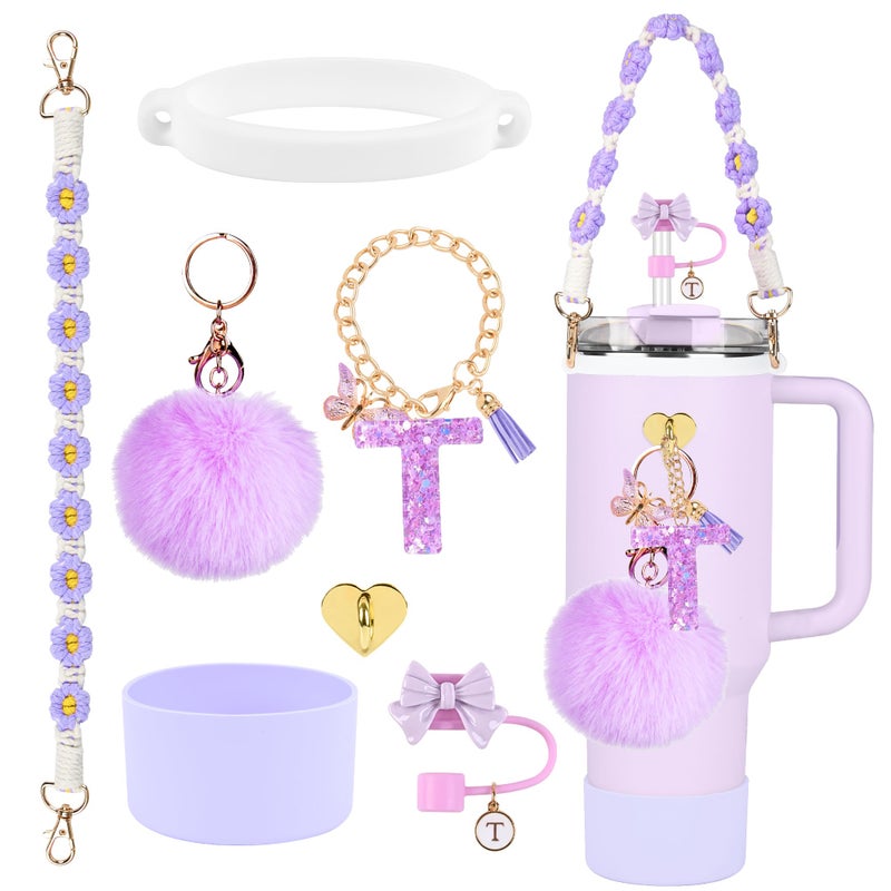 Stanley Cup Accessories Set 10mm Stanley Straw Topper Siliocne Boot Water Bottle Handle StrapLetter Charms for Cup 40oz 30oz Tumbler T