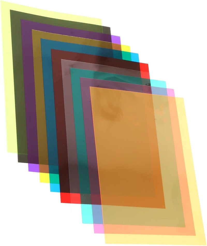 10pcs Colored PVC Light Gel Sheets 0.3mm 210x297mm for Photo Video Stage Lighting Filters with Red Blue Yellow Purple Green Orange Fluorescent Green and Black Tea Overlays - Image 1