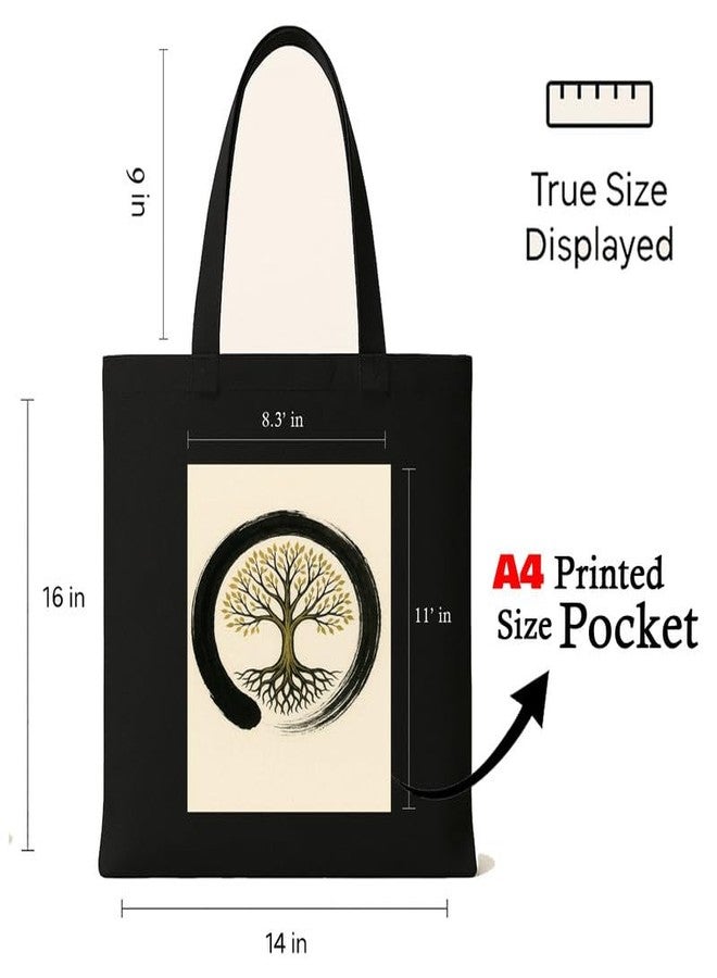 Megrok Zen Circle Tote Bag for Women | Front A4 Size Printed Pocket | 16x14 Inch Japanese Cotton Bag | Minimalist Lifestyle Statement - Image 3