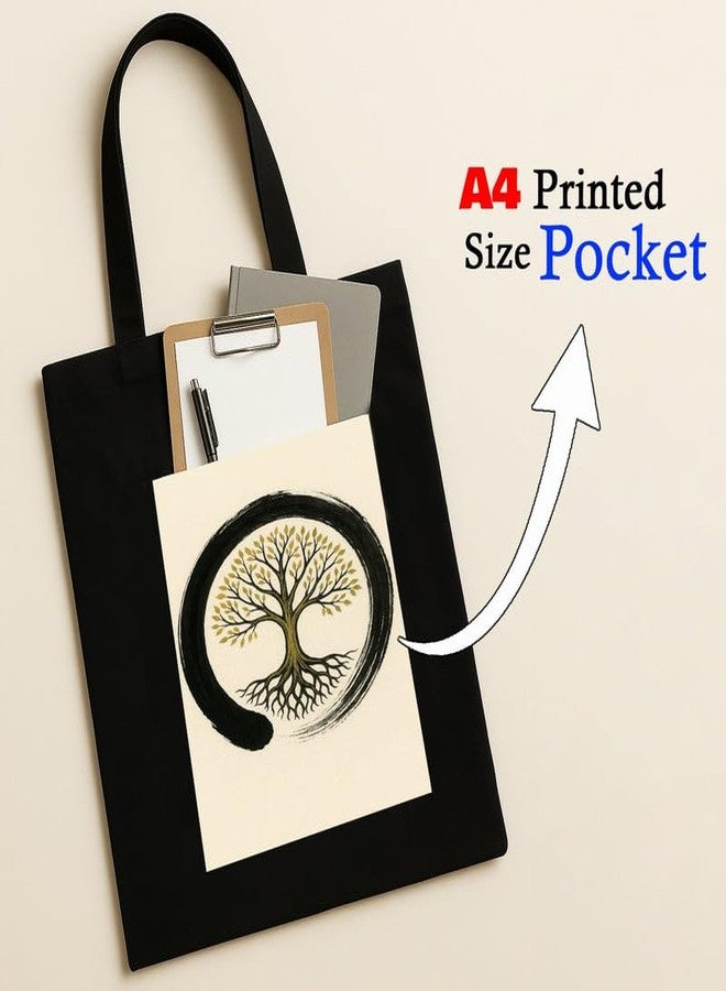 Megrok Zen Circle Tote Bag for Women | Front A4 Size Printed Pocket | 16x14 Inch Japanese Cotton Bag | Minimalist Lifestyle Statement - Image 2