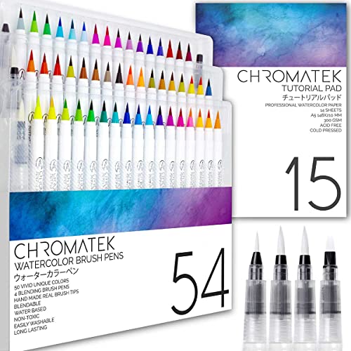 CHROMATEK 54 Watercolor Pens Set | Including 15 Page Pad & Online Video Tutorial Series | 4 Aquapens & 50 Unique Colors | Real Brush Pens | Easily Blendable, Vivid, Smooth | Professional Art Supplies - Image 1