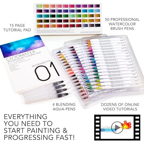 CHROMATEK 54 Watercolor Pens Set | Including 15 Page Pad & Online Video Tutorial Series | 4 Aquapens & 50 Unique Colors | Real Brush Pens | Easily Blendable, Vivid, Smooth | Professional Art Supplies - Image 4
