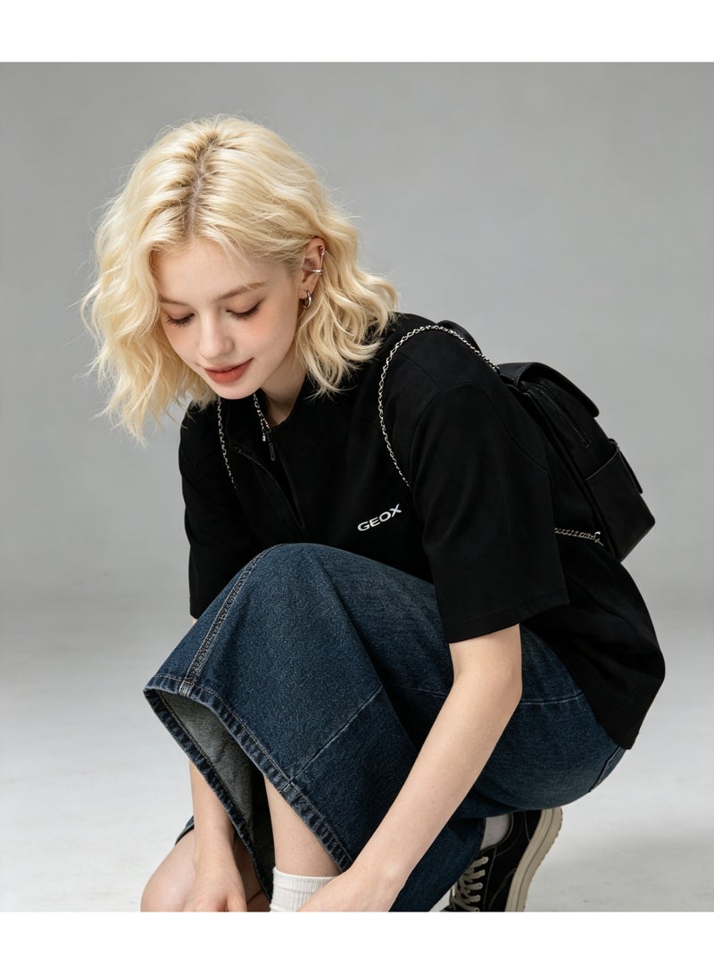 GEOX Men Women Half Zip Stand Collar Short Sleeve T-Shirt Casual Breathable Plain Tee Black - Image 4