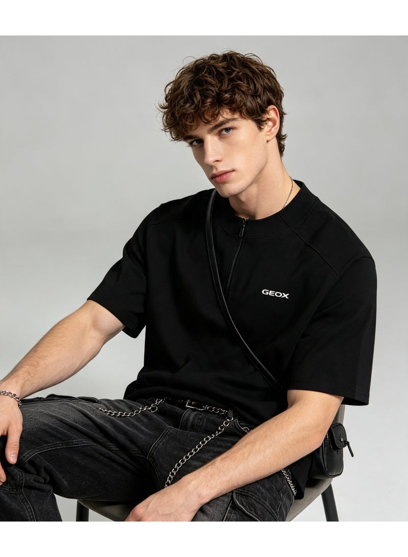 GEOX Men Women Half Zip Stand Collar Short Sleeve T-Shirt Casual Breathable Plain Tee Black - Image 2