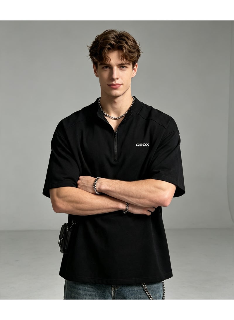 GEOX Men Women Half Zip Stand Collar Short Sleeve T-Shirt Casual Breathable Plain Tee Black - Image 1