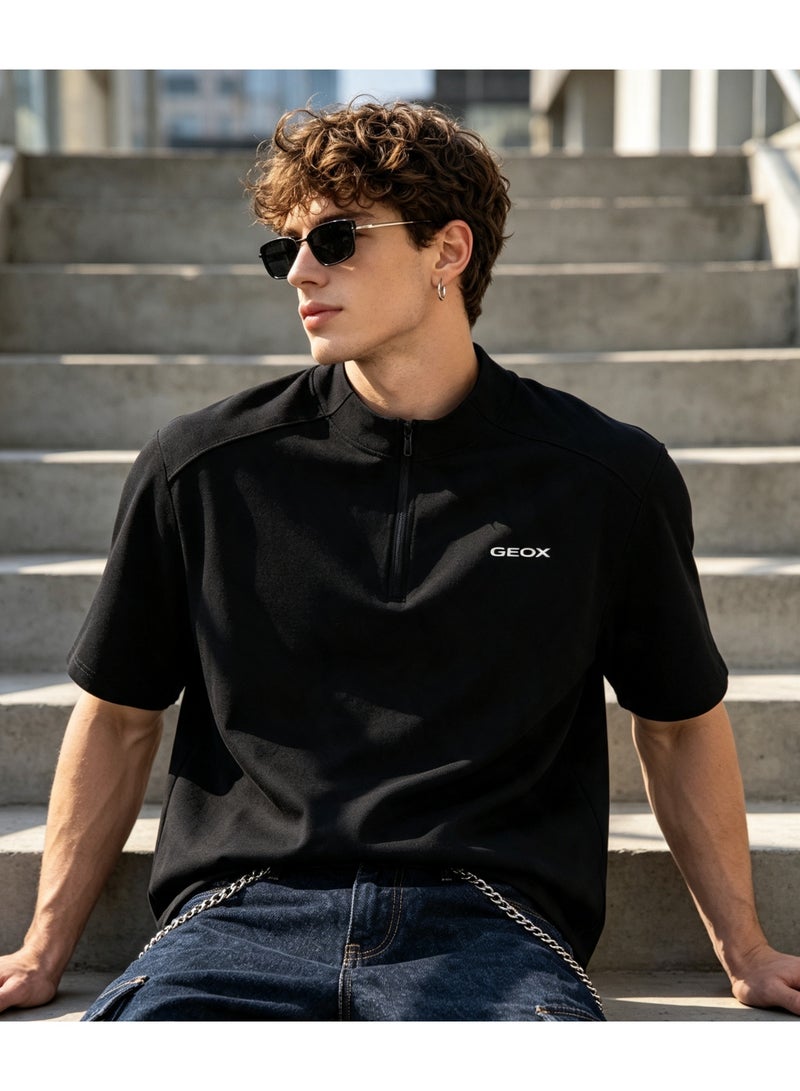 GEOX Men Women Half Zip Stand Collar Short Sleeve T-Shirt Casual Breathable Plain Tee Black - Image 5