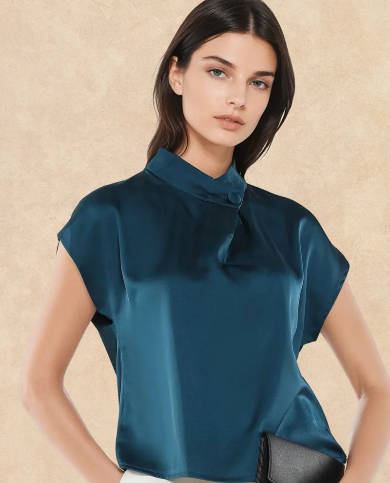 Rareism Women's Contrast Piping Detail Satin Top