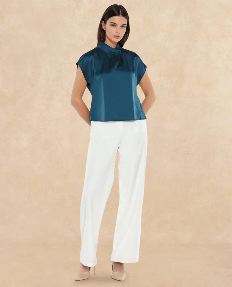 Rareism Women's Contrast Piping Detail Satin Top